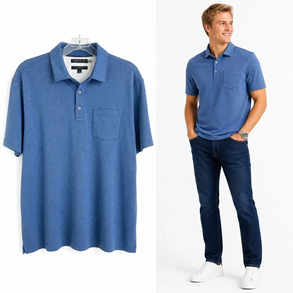 Banana‎ Republic BR+ Mens L Performance Pique Polo Golf Shirt Blue Cotton Fit